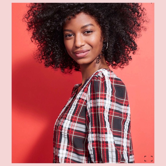 NWT LOFT Plaid Puff Sleeve Top - Picture 2 of 4